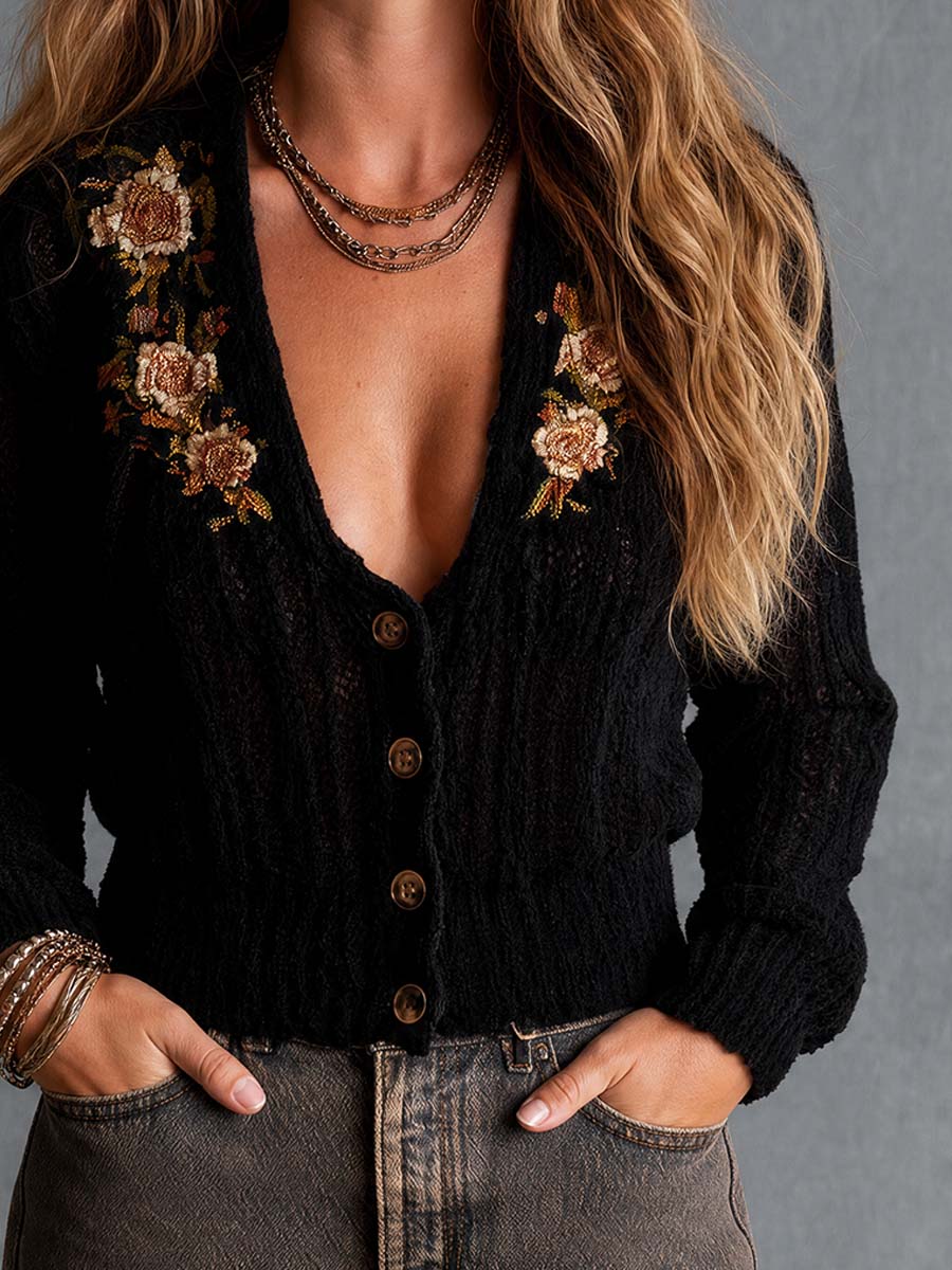 Boho Black Floral Embroidered Button-Front Cardigan