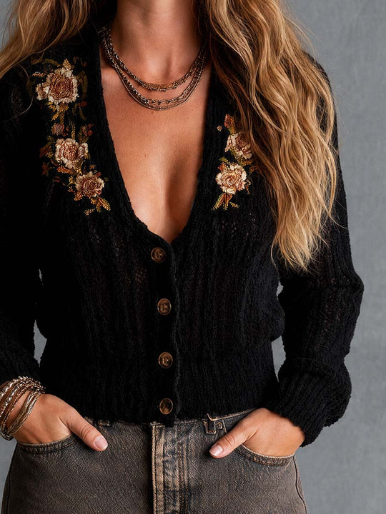 Boho Black Floral Embroidered Button-Front Cardigan