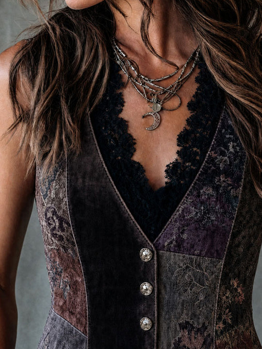 Boho Floral Patchwork Print Velvet Button Vest
