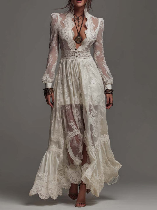 Romantic Bohemian Stand V Collar Puff Long Sleeve Button Waist Ruffle Hem Sheer Floral Lace Chiffon Maxi Dress