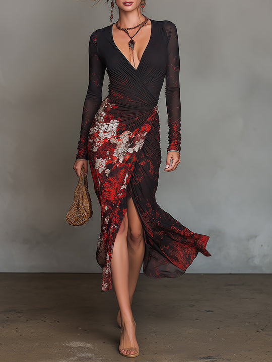 Elegant Printed Mesh Long-sleeve Wrap Midi Dress