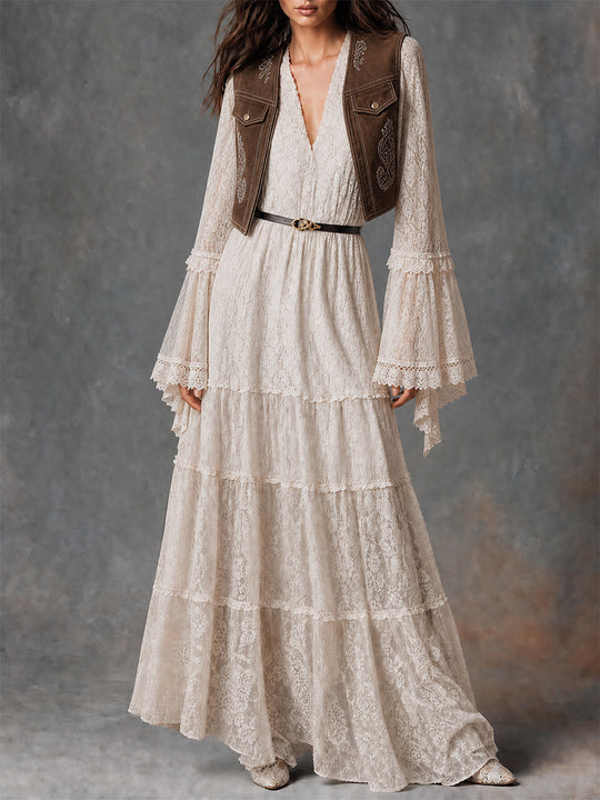 Boho Lace Maxi Dress And Embroidered Suede Vest Set