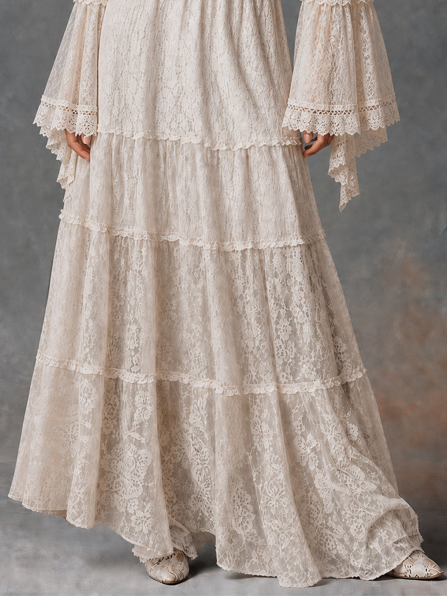 Boho Lace Maxi Dress And Embroidered Suede Vest Set
