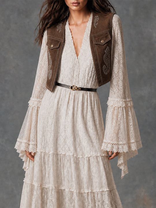 Boho Lace Maxi Dress And Embroidered Suede Vest Set