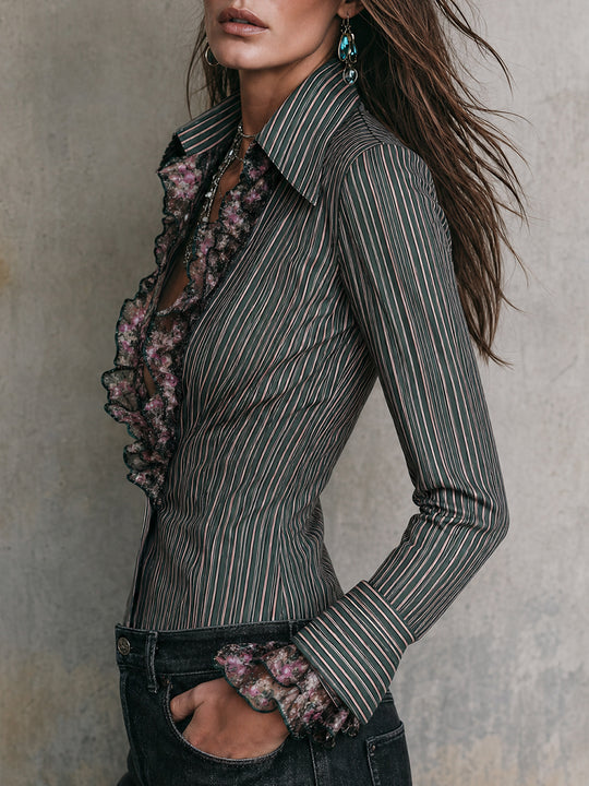 Retro Striped Long Sleeve Blouse with Floral Ruffled Trim