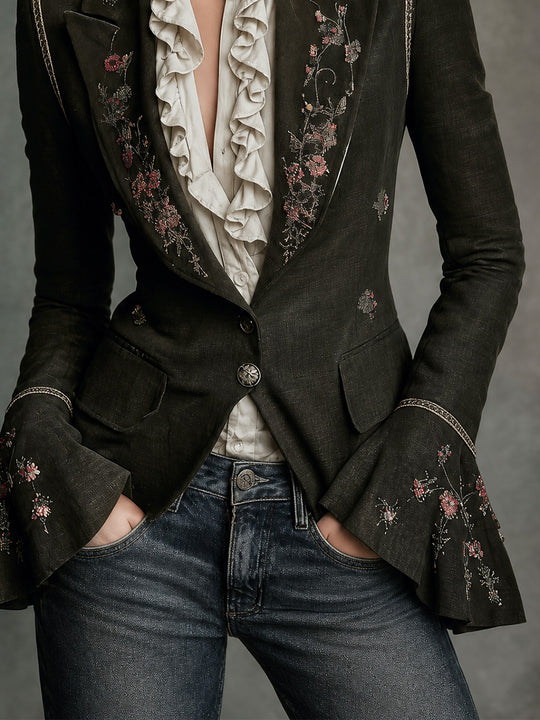 Dark Olive Floral Embroidered Tailored Blazer