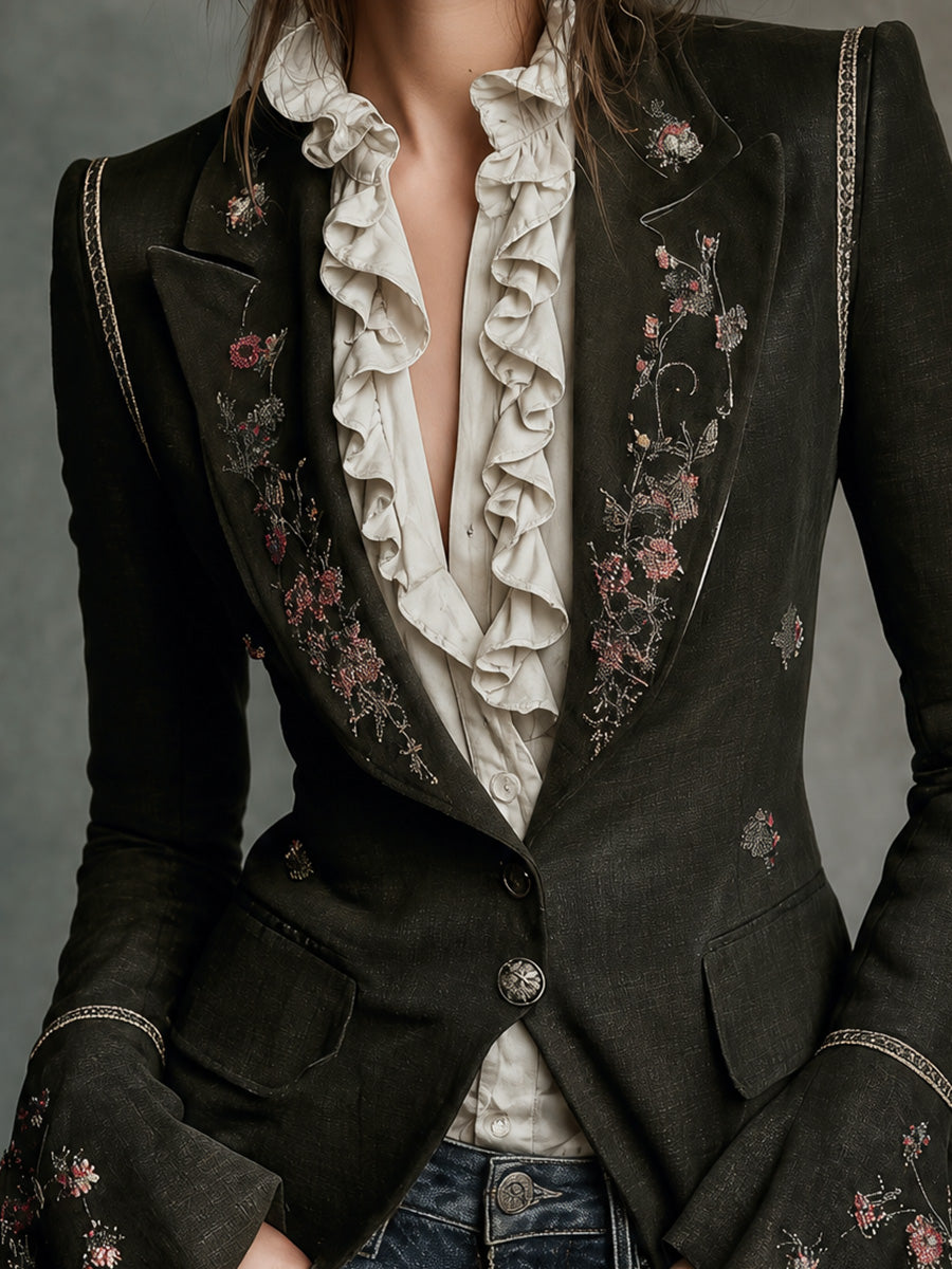 Dark Olive Floral Embroidered Tailored Blazer