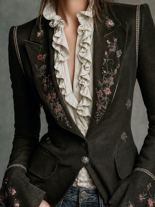 Dark Olive Floral Embroidered Tailored Blazer