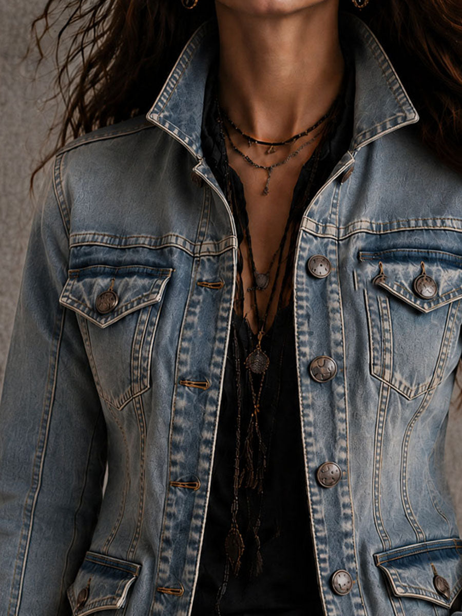 Vintage Distressed Washed Denim Collar Tailored Jacket