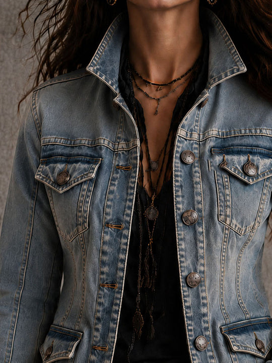 Vintage Distressed Washed Denim Collar Tailored Jacket