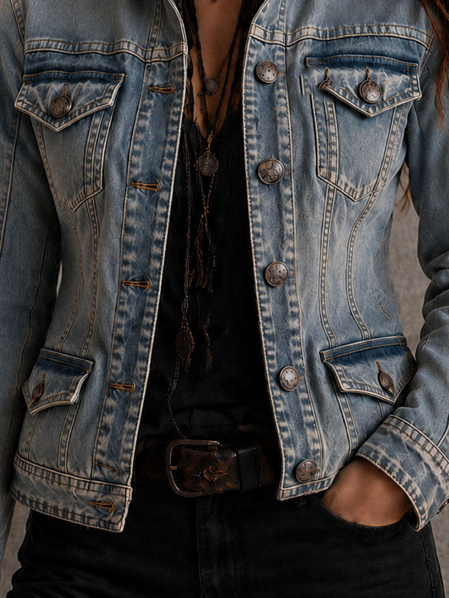 Vintage Distressed Washed Denim Collar Tailored Jacket