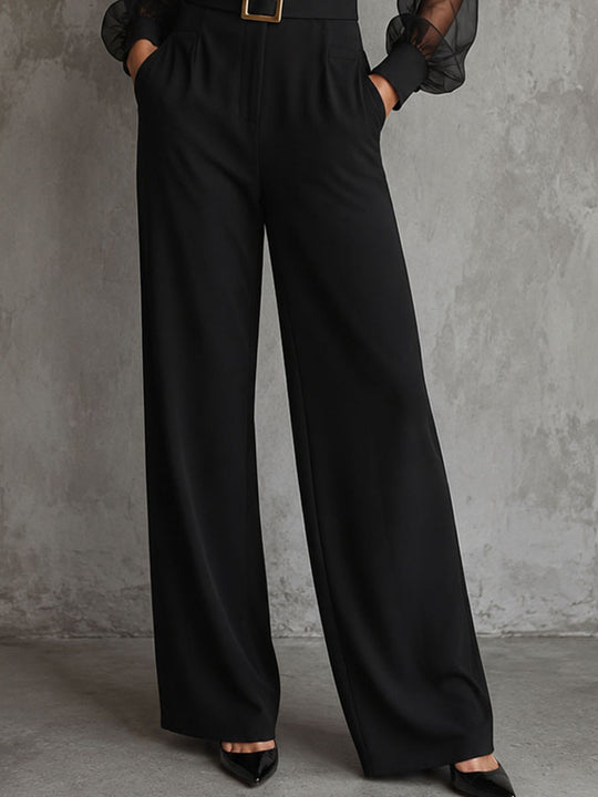 Elegant Black Lapel Sheer Puff Sleeve Wide Leg Jumpsuit