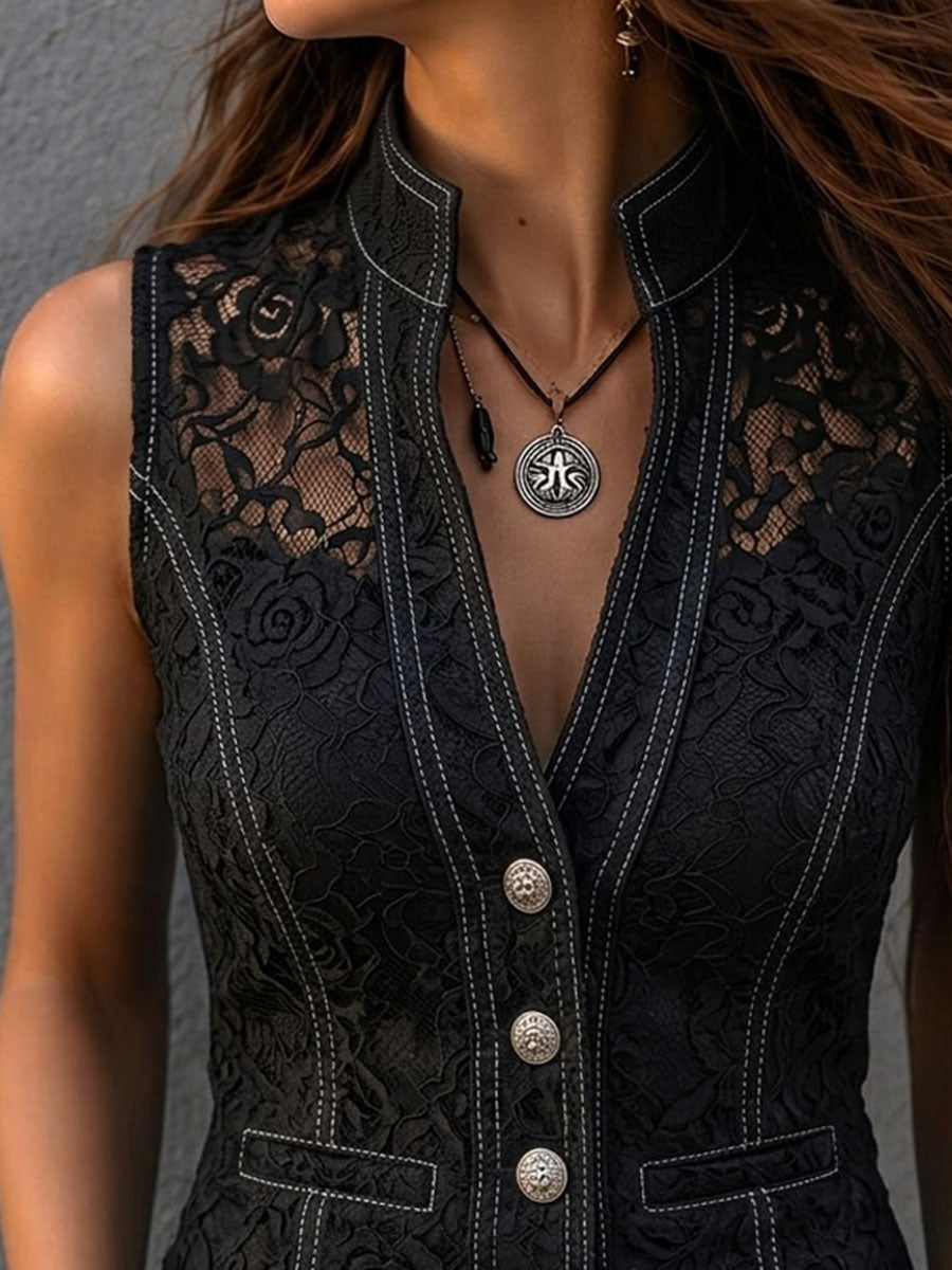 Vintage Lace Contrast Stitch Stand Collar Fitted Waistcoat