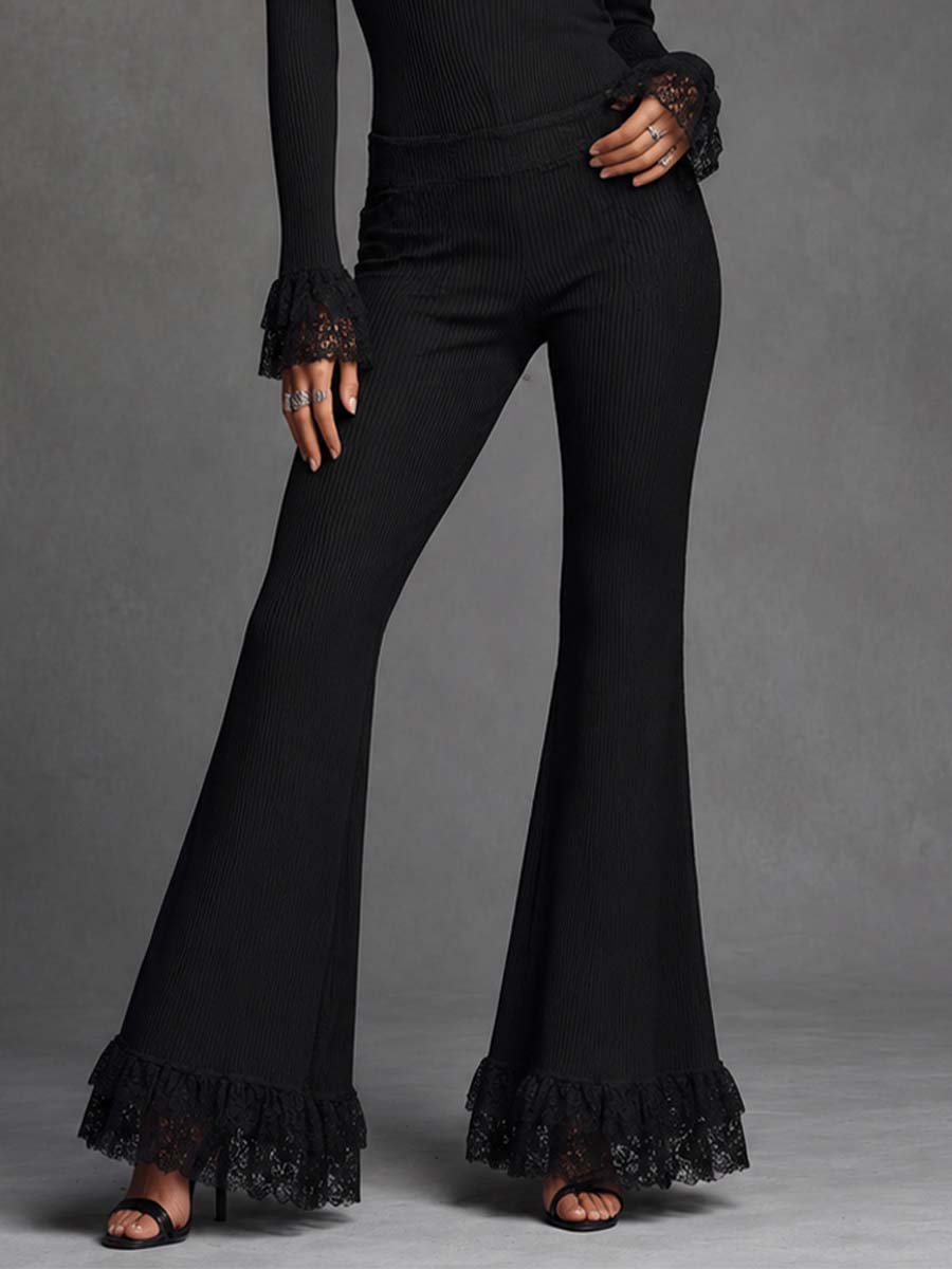 Half Button Lace Trim Rib Knit Long Sleeve Top Lace Hem Flare Pants Knit Two Piece Outfit
