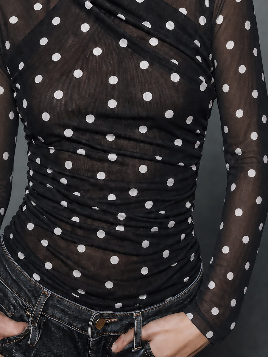 Double-Layer Mesh Slim-fit Long-sleeve Polka-dot T-shirt