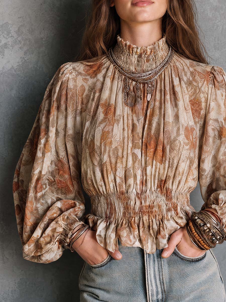 Boho Floral Smocked Waist Bishop Sleeve Blouse
