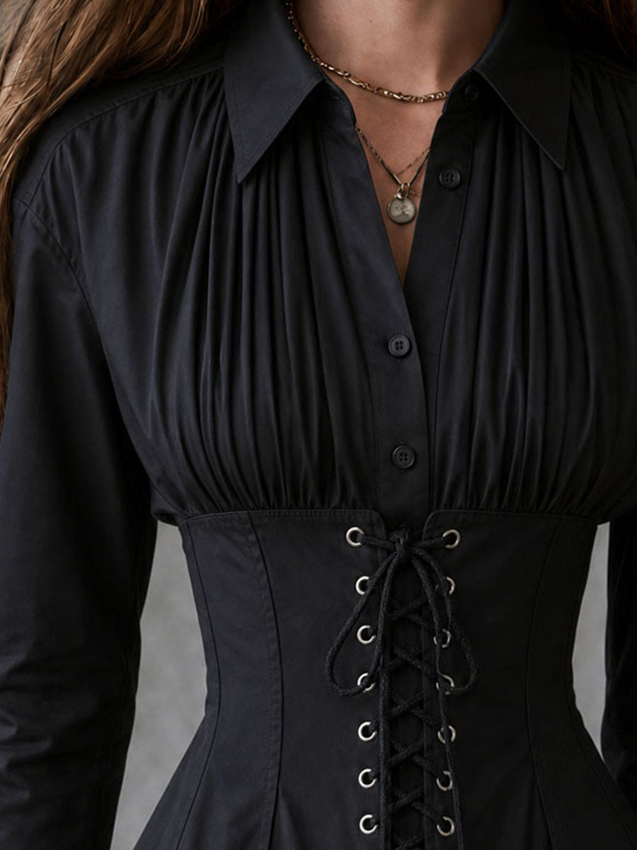 Vintage Black Collar Pleated Front Lace-Up Corset Shirt