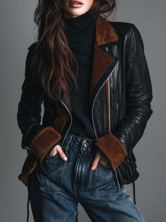 Retro Contrast Trim Faux Leather Motorcycle Jacket