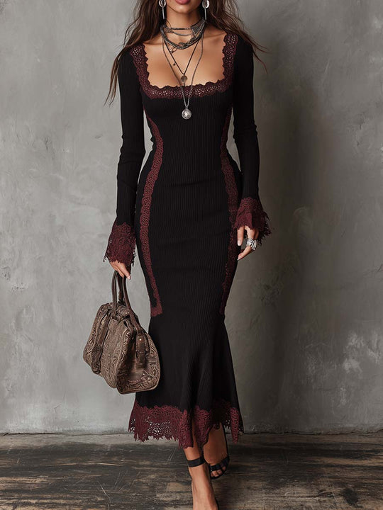 Retro Contrasting Lace Trim Knit Midi Dress