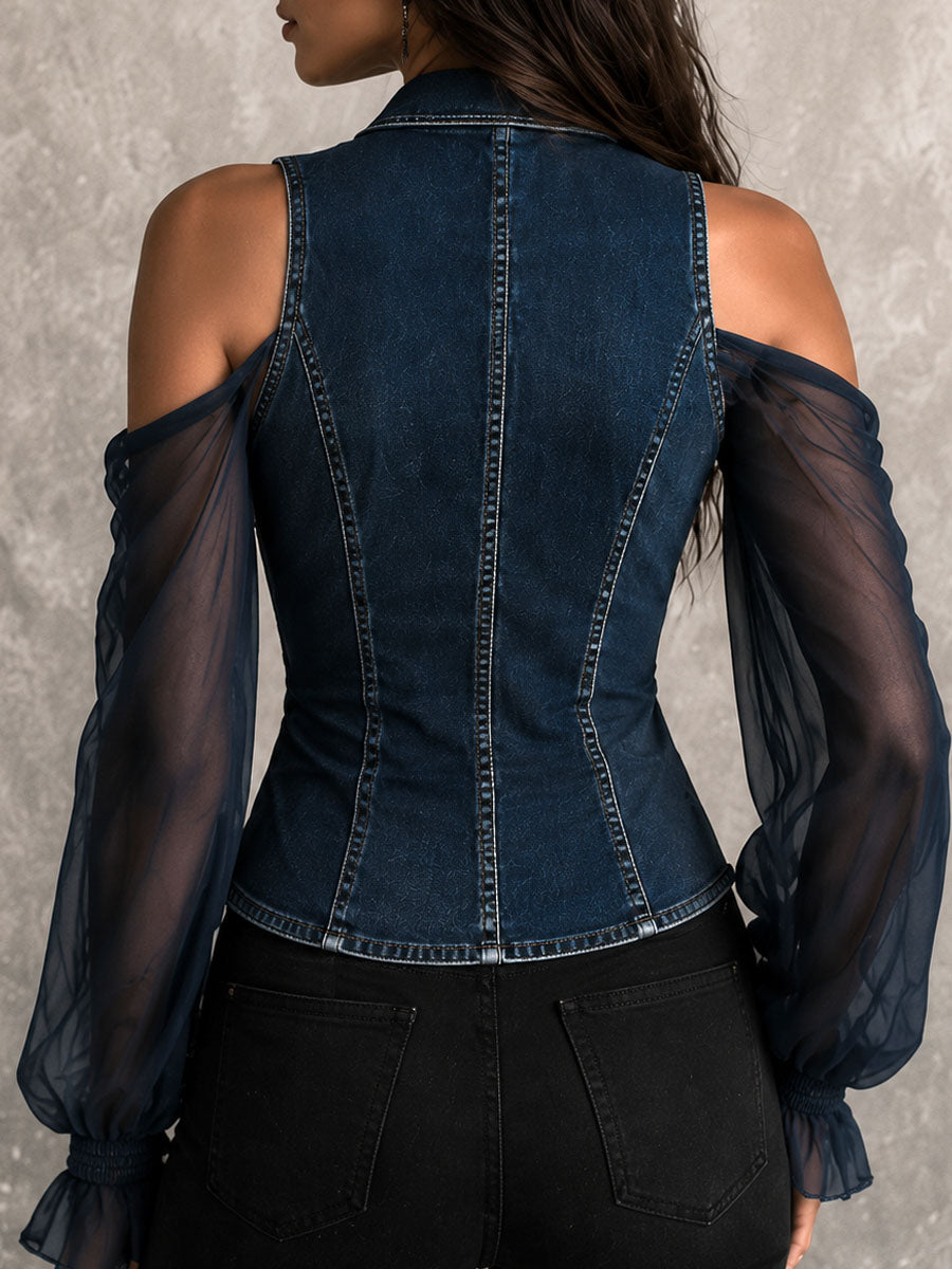 Western Denim Cold Shoulder Sheer Sleeve Wrap Blouse