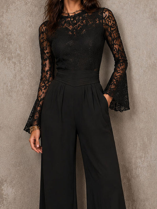 Elegant Lace Bell Sleeve Ruched High Waist Wide Leg Jumpsuit