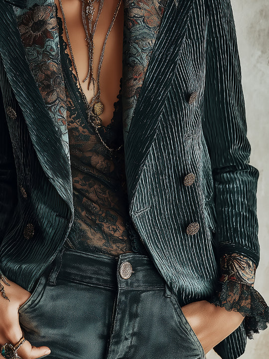 Quiet Luxury Printed Panel Corduroy Blazer With Lapel Collar