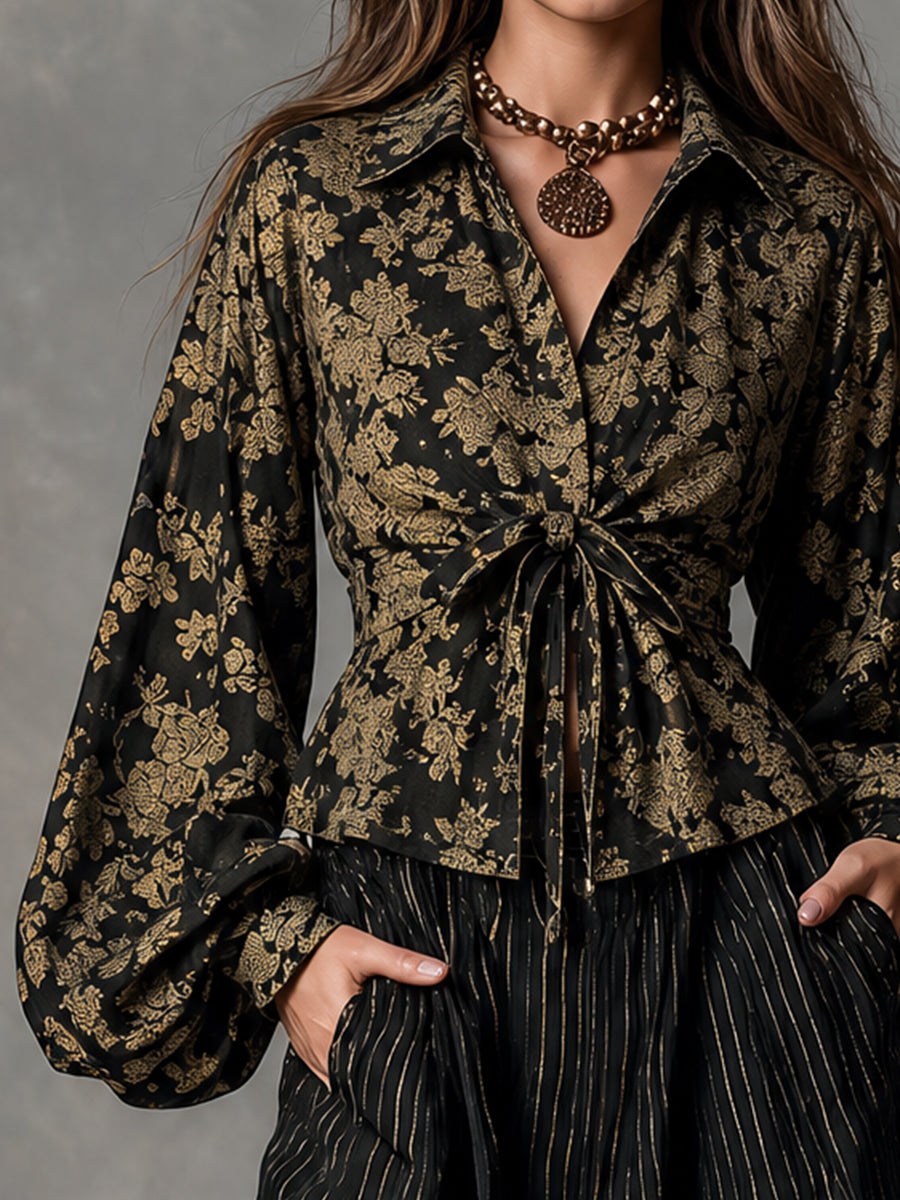Black Gold Floral Tie-Waist Blouse
