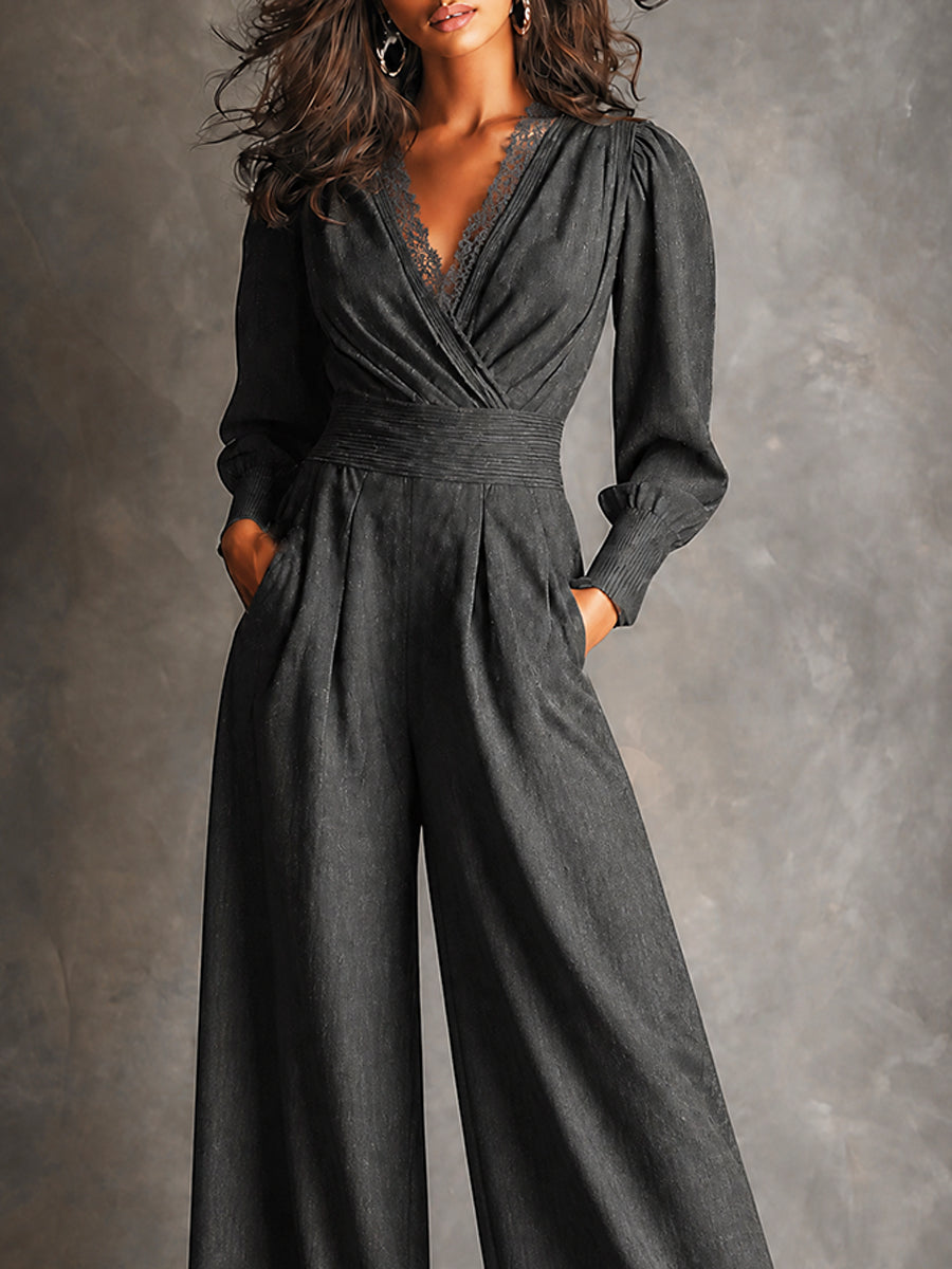 Charcoal Lace Trim Wide-Leg Jumpsuit