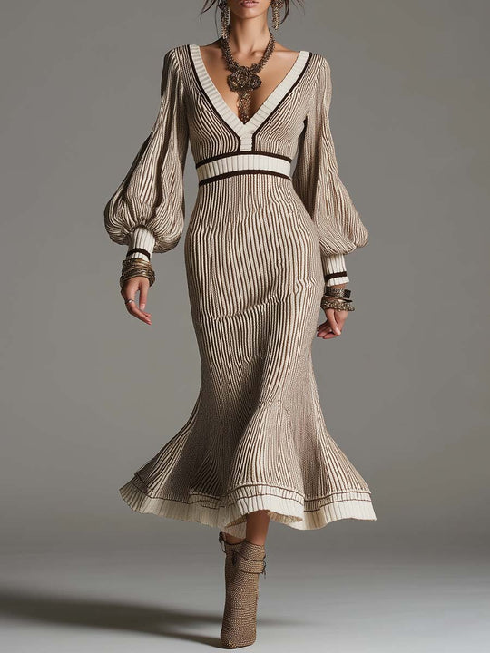Vintage Elegant V Neck Balloon Long Sleeve Striped Ribbed Knit Mermaid Midi Dress