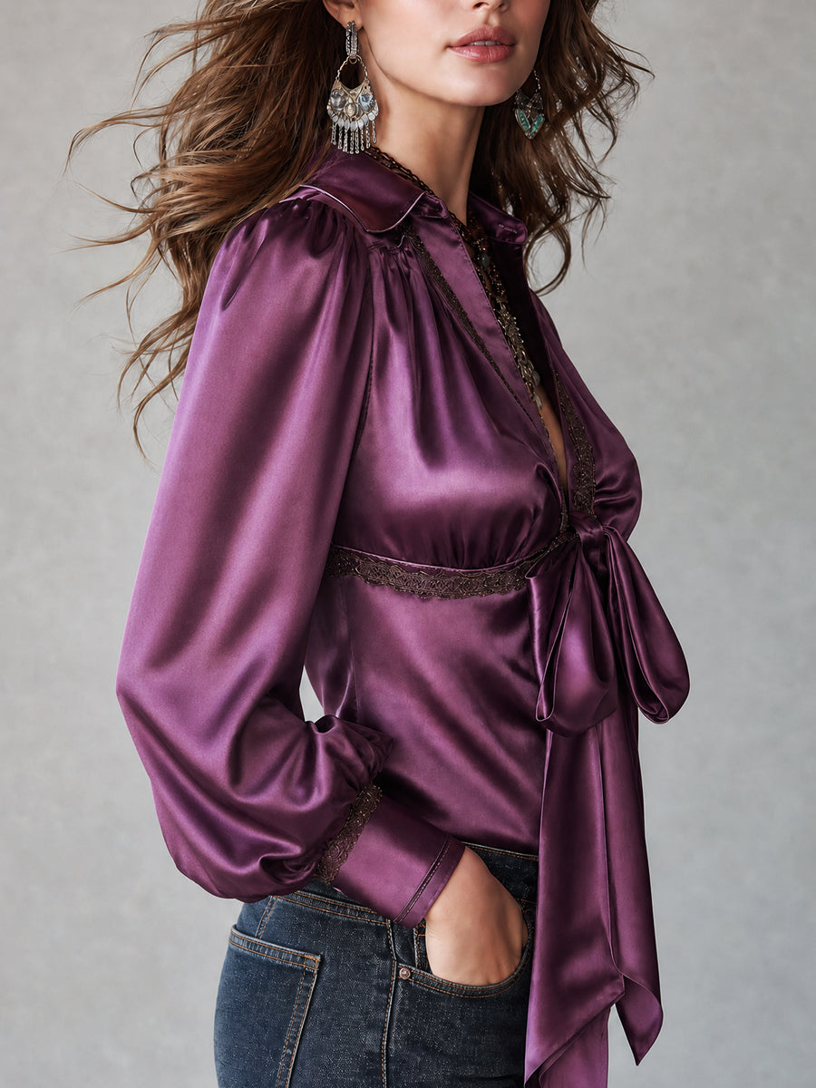 Boho Satin Silk Tie-Neck Blouse With Lantern Sleeve