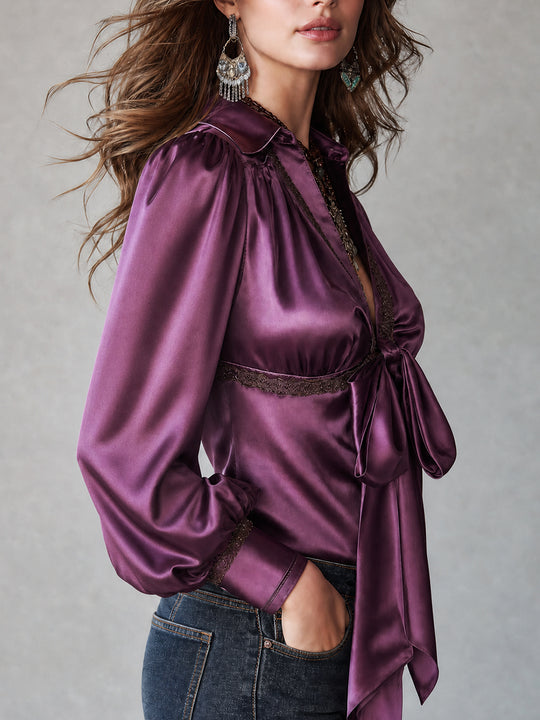 Boho Satin Silk Tie-Neck Blouse With Lantern Sleeve