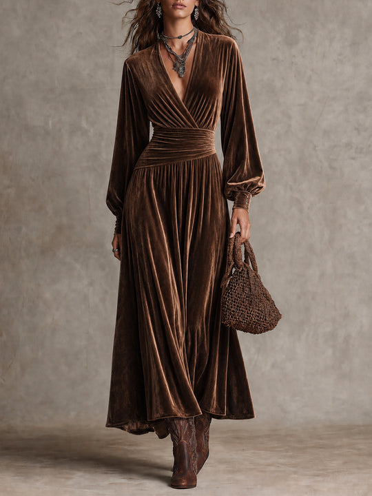 Boho Velvet V-Neck Wrap Waist Long Sleeve Maxi Dress