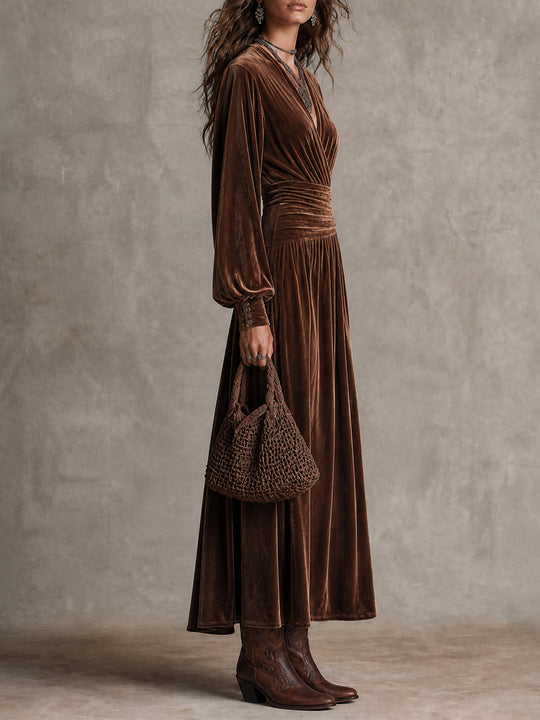 Boho Velvet V-Neck Wrap Waist Long Sleeve Maxi Dress