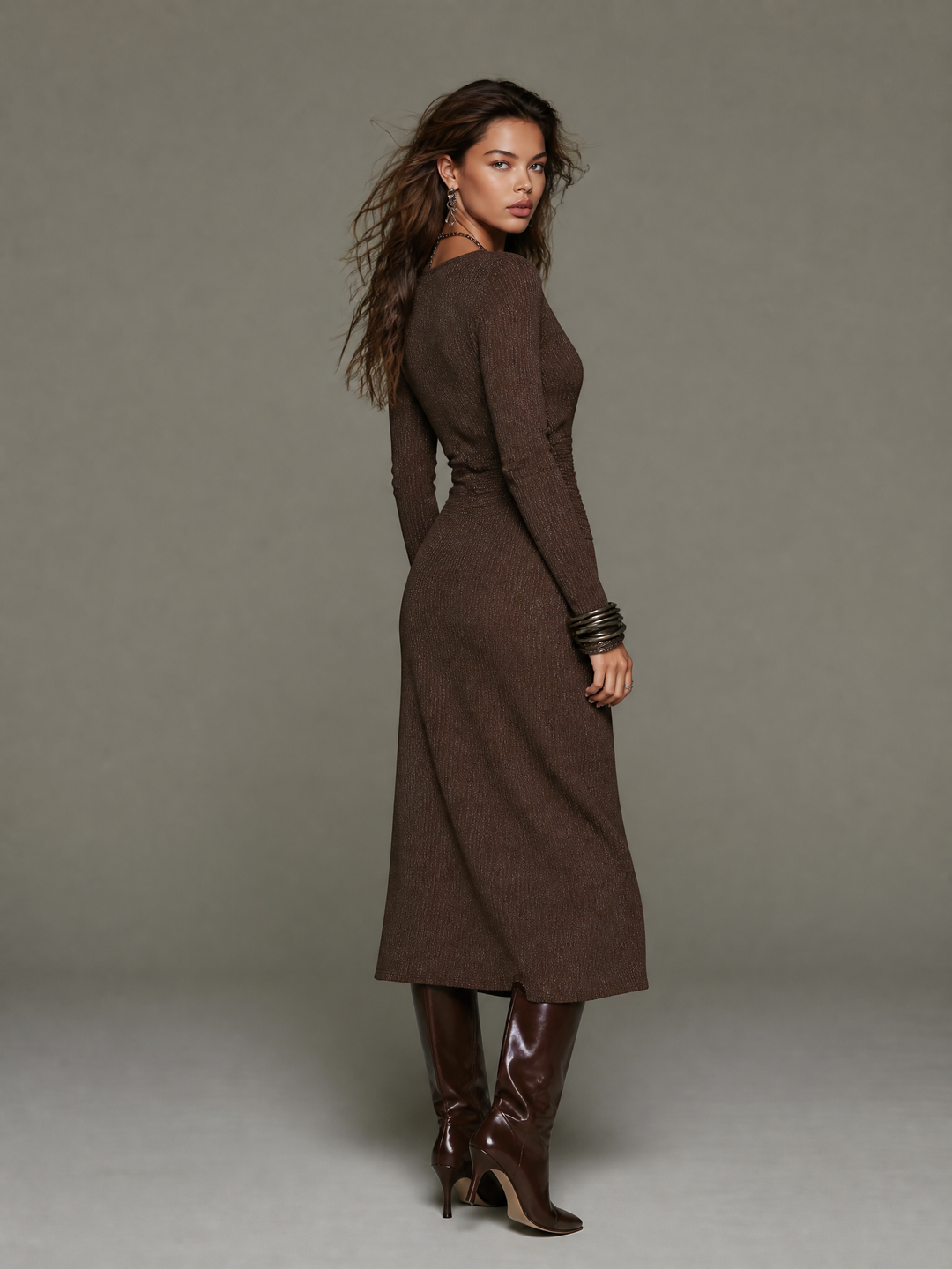 Vintage Dark Brown Shimmer Ribbed Knit Wrap Midi Dress Deep V Neck Long Sleeve Ruched Waist Front Split Bodycon Dress