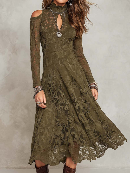 Boho Mock Neck Keyhole Cutout Cold Shoulder Long Sleeve Floral Lace Midi Dress