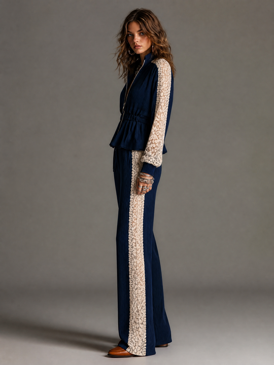 Elegant Navy Vertical Ribbed Knit Two Piece Outfit Zip Front Peplum Top Off White Floral Lace Panel Wide Leg Pants
