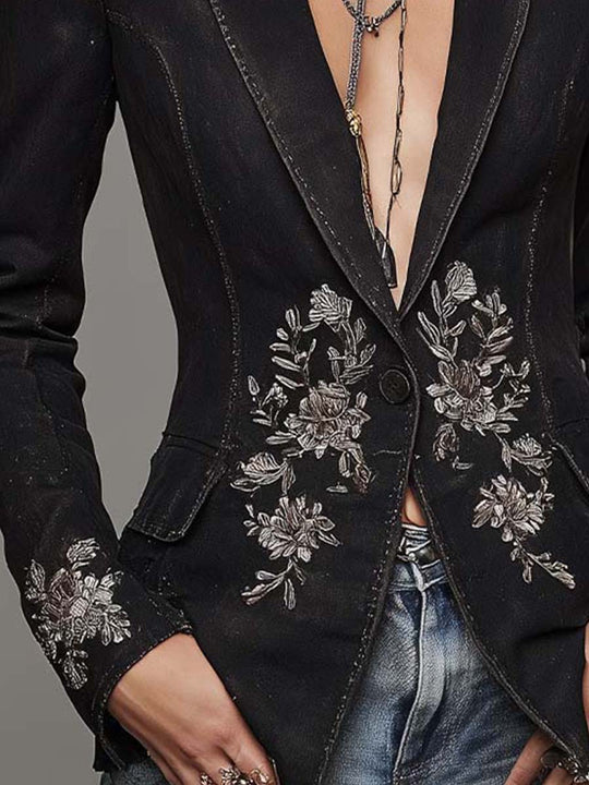 Vintage Washed Black Denim Tailored Blazer Silver Floral Embroidery Slim Fit One Button Western Boho Jacket