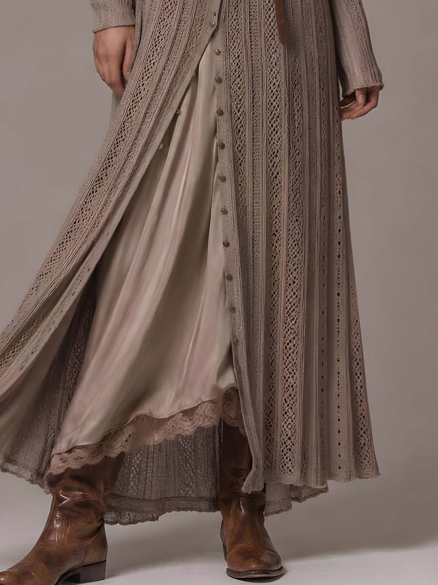 Retro Ribbed Knit Shirt Midi Dress