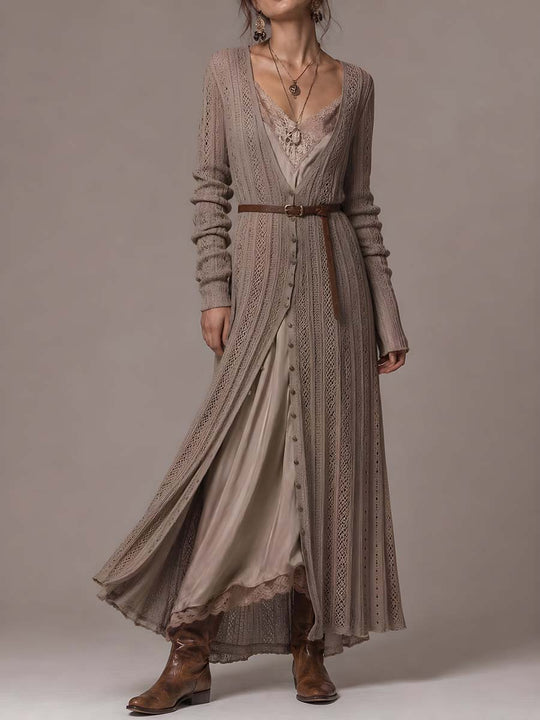 Retro Ribbed Knit Shirt Midi Dress