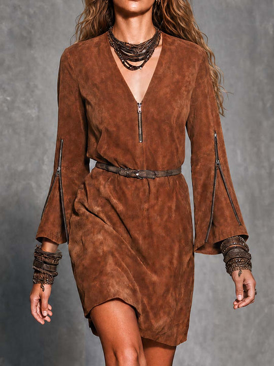 Boho Brown Zip V-Neck Bell Sleeve Belted Mini Dress