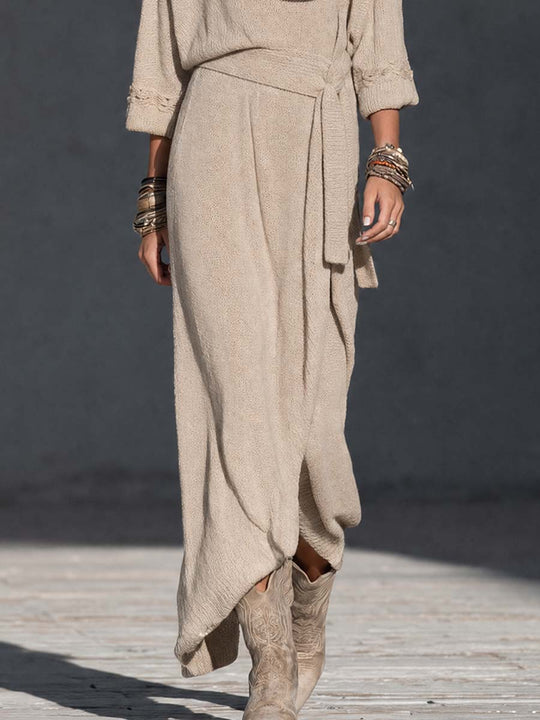 Boho Oatmeal Cowl Neck Tie-Waist Maxi Dress