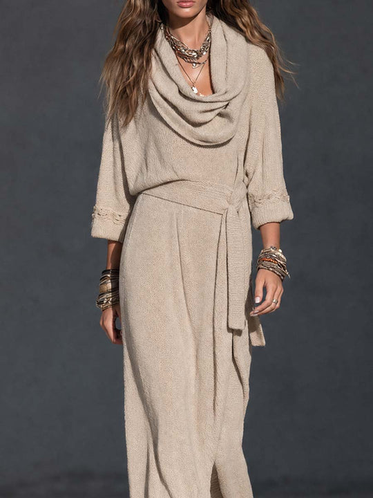 Boho Oatmeal Cowl Neck Tie-Waist Maxi Dress