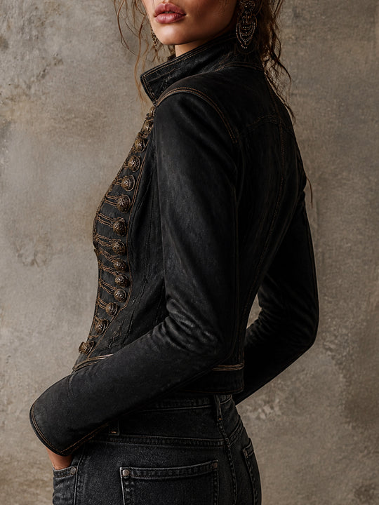 Vintage Military Gold-Trim Faux Leather Jacket