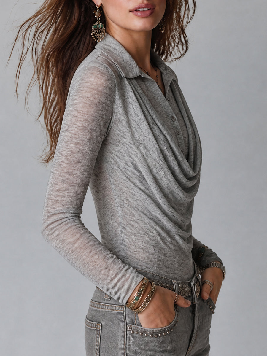 Retro Draped Cowl-Neck Heather Gray Long-Sleeve T-shirt