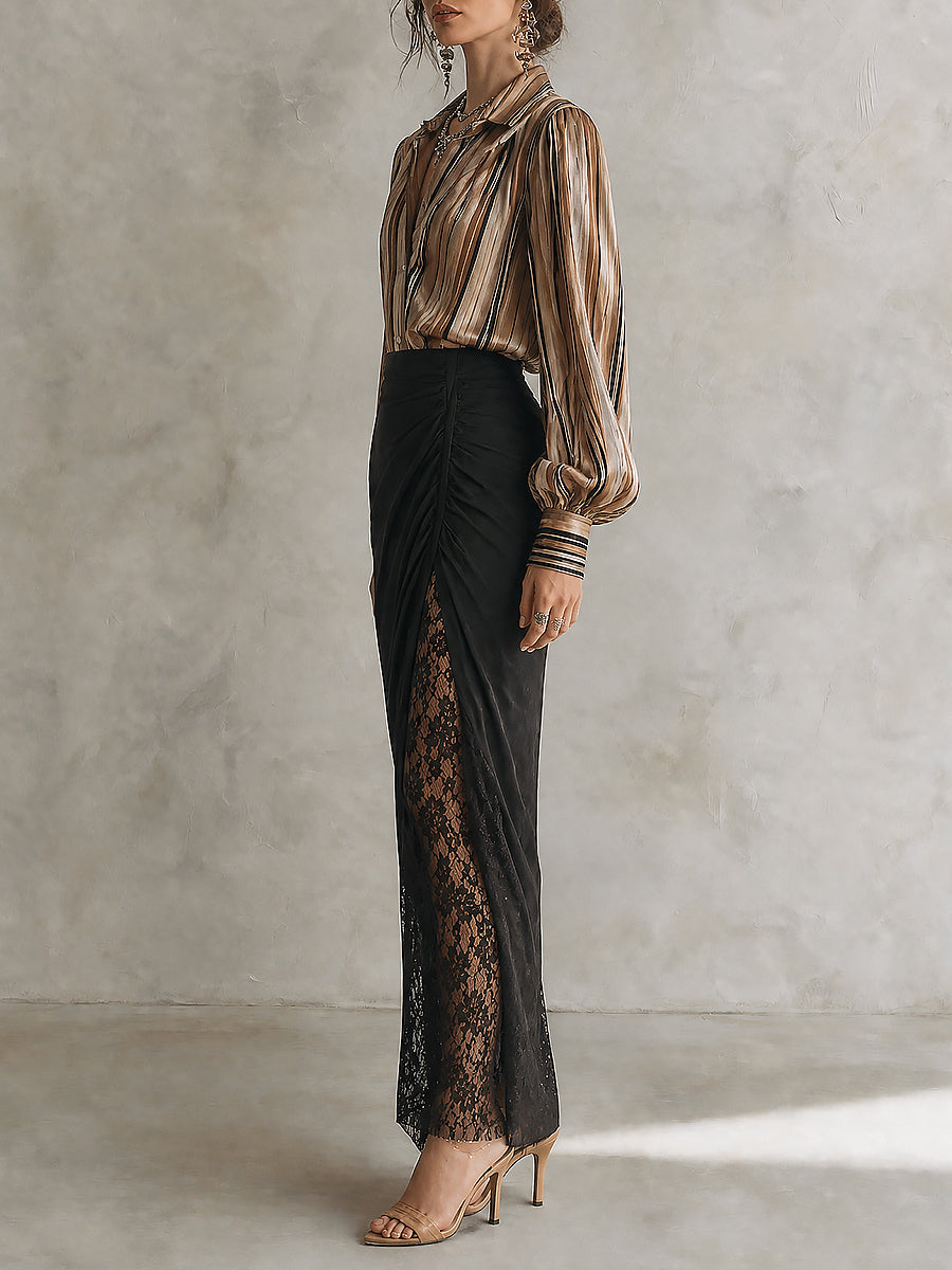 Bohemian Striped Satin Blouse & Ruched Lace Maxi Skirt Set