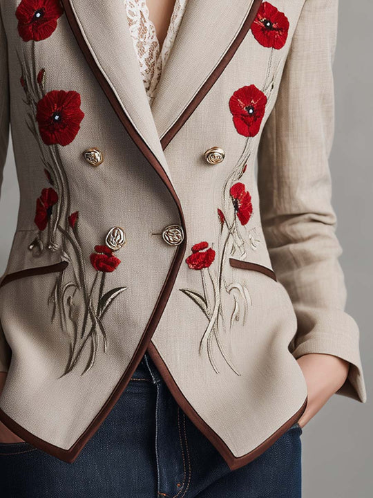 Vintage Poppy Embroidered Cotton-linen Blazer