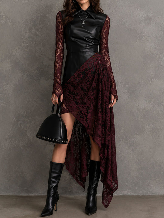 Gothic Faux Leather Lace Long Sleeve Irregular Hem Midi Dress