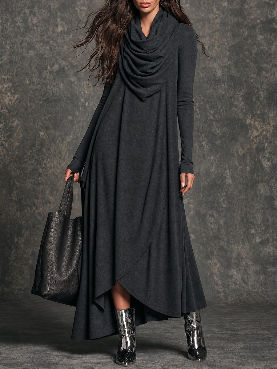 Black Draped Cowl Neck Maxi Dress