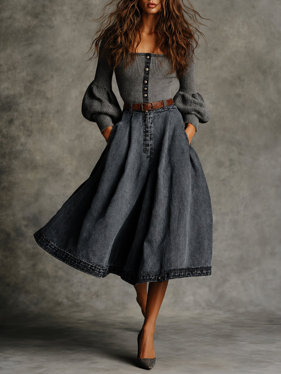 Grey Ribbed Knit Denim Midi Dress