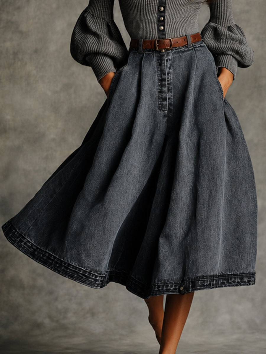 Grey Ribbed Knit Denim Midi Dress